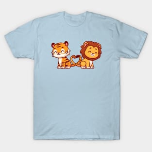 Cute Lion And Tiger Couple With Love Heart Tail Cartoon T-Shirt